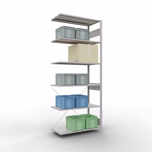 Image du produit n° 14 de l'article Rayonnage complémentaire, rayonnage à étagères, système enfichable MULTIplus150, 2500 x 1000 x 500 mm, 6 tablettes, traverse, RAL 7035 gris clair Figure n° 14 de l'article, système d'étagères MULTIplus150, système enfichable, 2500 x 1000 x 500 mm, 6 étagères, RAL 7035 gris clair du groupe de produits système enfichable de Schulte Lagertechnik