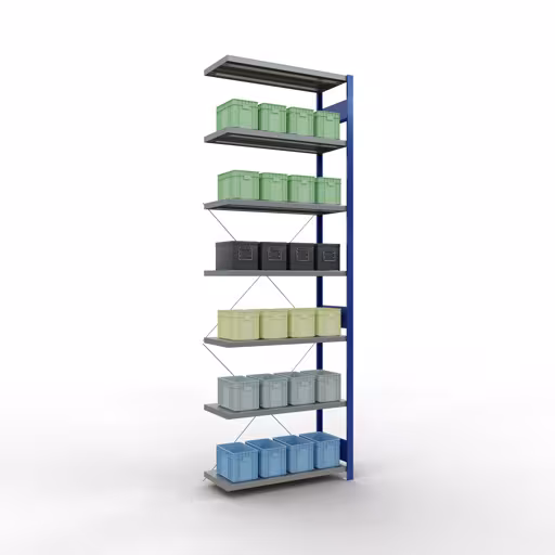 Rayonnage supplémentaire, rayonnage à étagères, système enfichable MULTIplus330, 3000 x 1000 x 400 mm, 7 étagères, traverse, RAL 5010 bleu gentiane/galvanisé de Schulte Lagertechnik avec le réf. 13947-B