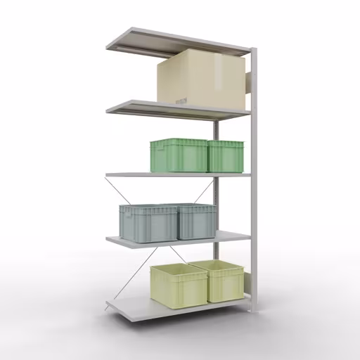 Une autre vue de l'article Étagère rapportée, étagère, système enfichable MULTIplus150, 2000 x 1000 x 500 mm, 5 étagères, gris clair RAL 7035 de la catégorie système enfichable
