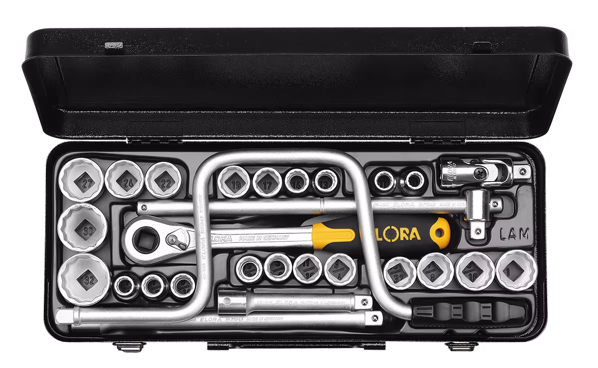 Jeu de clés à douilles 1/2", six pans, 28 pièces mm+AF 771-LAMU d'ELORA Jeu de clés à douille 1/2", 28 pièces mm+AF, ELORA-770/771-LAMU de la gamme de clés à douille 1/2" catégorie avec le réf. 0771520402000