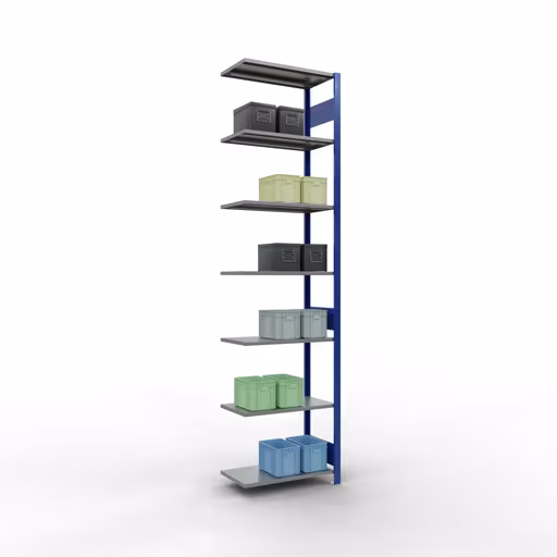 Scaffali aggiuntivi, scaffali, sistema a innesto MULTIplus150, 3000 x 750 x 400 mm (AxLxP), 7 ripiani, barre longitudinali, RAL 5010 blu genziana/zincato/zincato di Schulte Lagertechnik della categoria Sistemi a innesto
