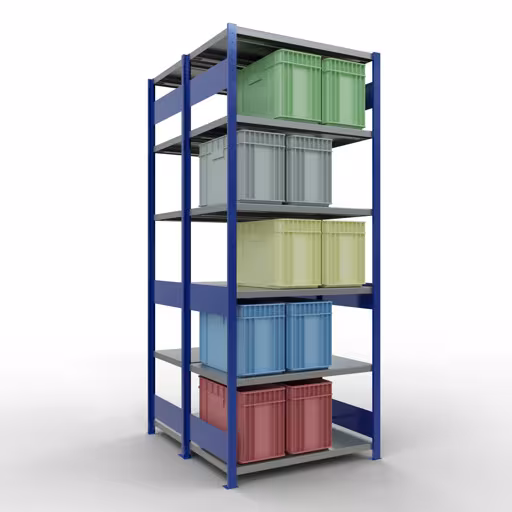 Une autre vue de l'article Etagère de base, étagère double, étagère système enfichable MULTIplus250, 2500 x 1000 x (2x600) mm, 2x6 étagères, barres de longueur, RAL 5010 bleu gentiane Une autre vue de l'article Etagère de base, étagère double, système d'étagères enfichable MULTIplus250, 2500 x 1000 x (2x600) mm, 2x6 étagères, RAL 5010 bleu gentiane de la catégorie étagères