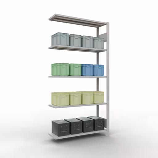 Une autre vue de l'article Étagère supplémentaire, étagère, système enfichable MULTIplus150, 2000 x 1000 x 300 mm, 5 étagères, RAL 7035 gris clair de la catégorie étagère supplémentaire