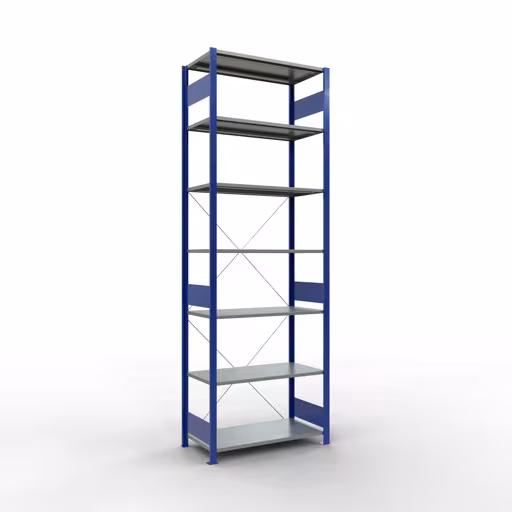 Un'altra vista dell'articolo scaffale base, scaffale, sistema a innesto MULTIplus150, 3000 x 1000 x 500 mm (AxLxP), 7 ripiani, traversa, RAL 5010/zincato dalla categoria Sistema a innesto