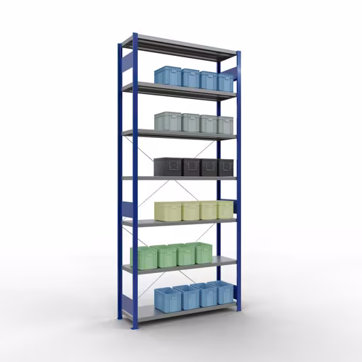 Figure n° 8 de l'article étagère de base, étagère, système enfichable MULTIplus250, 3000 x 1300 x 400 mm, 7 étagères, traverse, RAL 5010 bleu gentiane/galvanisé du groupe de produits système enfichable de Schulte Lagertechnik