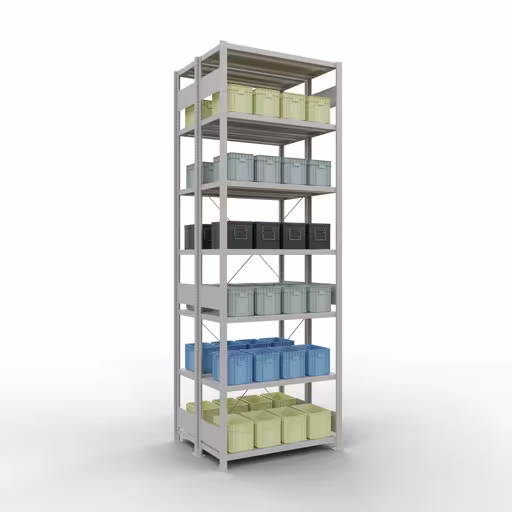 Image du produit n° 10 de l'article étagère de base, système enfichable pour étagères MULTIplus250, 3000 x 1000 x (2x400) mm, 2x7 étagères, RAL 7035 gris clair de la gamme d'étagères pour étagères de la marque Schulte Lagertechnik