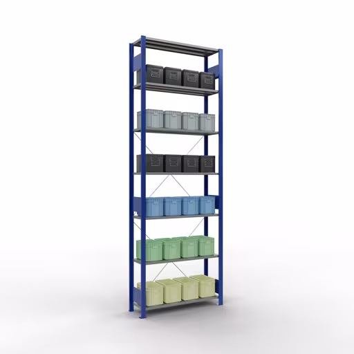 Figura n. 13 dell'articolo scaffale base, scaffale, sistema a innesto MULTIplus85, 3000 x 1000 x 300 mm (AxLxP), 7 ripiani, traversa, RAL 5010 blu genziana del gruppo di prodotti sistema a innesto della marca Schulte Lagertechnik