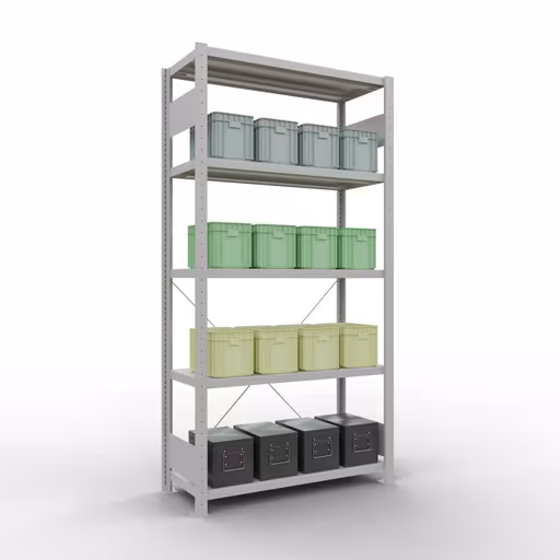 Immagine del prodotto n. 6 dell'articolo scaffale base, scaffale, sistema a innesto MULTIplus250, 2000 x 1000 x 400 mm (AxLxP), 5 ripiani, traversa, RAL 7035 grigio chiaro dalla gamma di prodotti del sistema a innesto della marca Schulte Lagertechnik