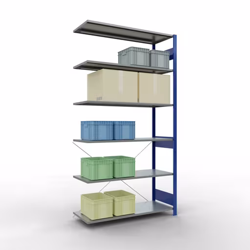 Une autre vue de l'article Rayonnage rapporté, rayonnage à étagères, système enfichable MULTIplus150, 2500 x 1300 x 500 mm (HxLxP), 6 étagères, traverse, RAL 5010 bleu gentiane/galvanisé Une autre vue de l'article Étagère rapportée, étagère système enfichable MULTIplus150, 2500 x 1300 x 500 mm, 6 étagères, RAL 5010 bleu gentiane/galvanisé de la catégorie système enfichable