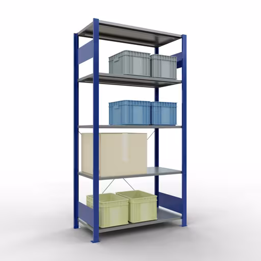 Étagère de base, étagère, système enfichable MULTIplus85, 2000 x 1000 x 500 mm (HxLxP), 5 étagères, traverse, RAL 5010 bleu gentiane de la catégorie d'étagères de base avec le GTIN 4004514284877 Étagère de base, étagère, système enfichable MULTIplus85, 2000 x 1000 x 500 mm, 5 étagères, traverse, RAL 5010 bleu gentiane de la marque Schulte Lagertechnik de la gamme de produits du système enfichable