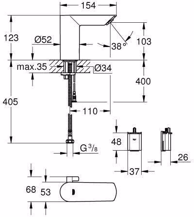 Technische Zeichnung 4060394 Lavabo GROHE IR electronics Bau Cosmopolitan E 36451 con miscelatore 6 volt cromato