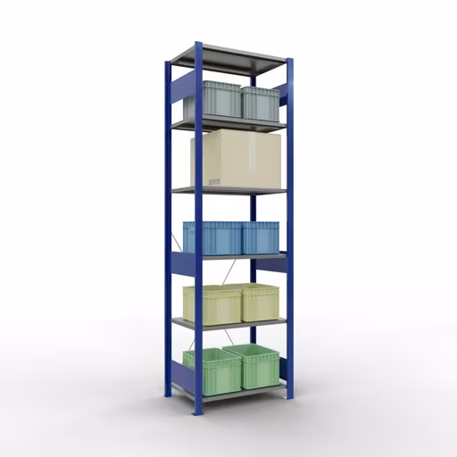 Étagère de base, étagère, système enfichable MULTIplus150, 2500 x 750 x 500 mm, 6 étagères, traverse, RAL 5010 bleu gentiane/galvanisé/galvanisé avec la référence réf. 12751-75-B Étagère de base, étagère, système enfichable MULTIplus150, 2500 x 750 x 500 mm, 6 étagères, traverse, RAL 5010 bleu gentiane/galvanisé/galvanisé de Schulte Lagertechnik de la catégorie système enfichable