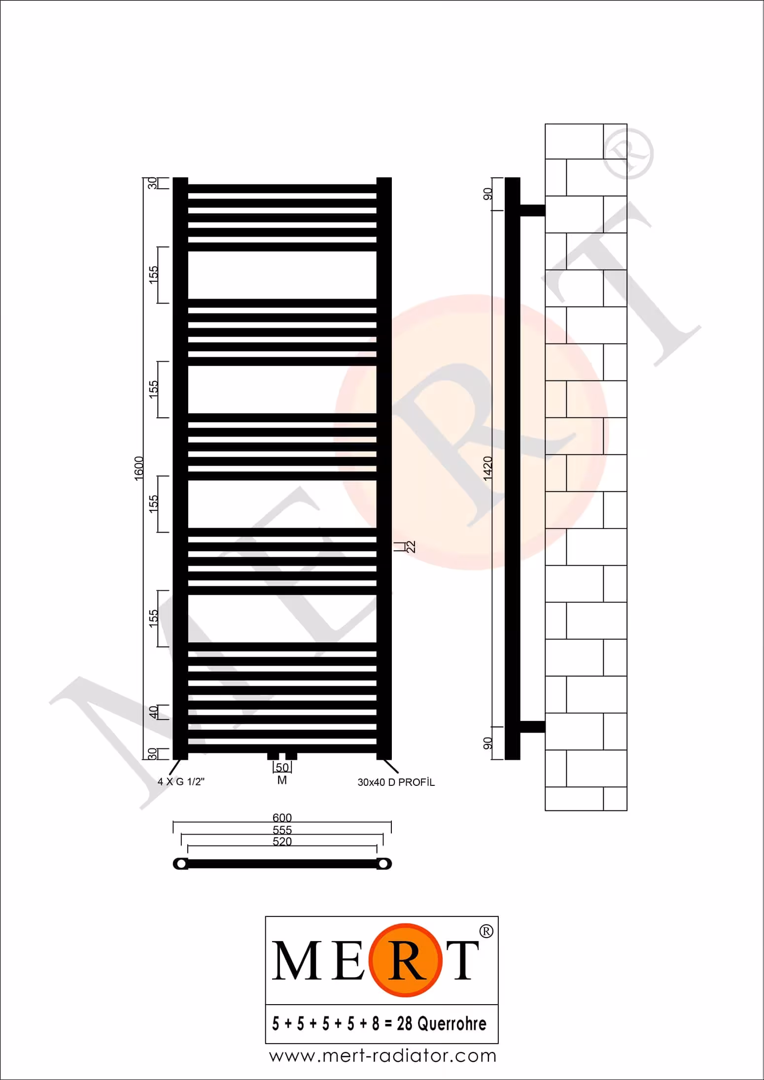 Radiatore da bagno MERT cromato dritto, 600*1600 mm, attacco centrale della marca MERT nella categoria radiatori