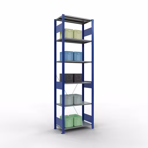 Scaffale base, scaffale, sistema a innesto MULTIplus150, 2500 x 750 x 400 mm (AxLxP), 6 ripiani, traversa, RAL 5010 blu genziana/zincato/zincato con l'articolo n. 12741-75-B Scaffale base, scaffale, sistema a innesto MULTIplus150, 2500 x 750 x 400 mm (AxLxP), 6 ripiani, traversa, RAL 5010 blu genziana/zincato/zincato di Schulte Lagertechnik della categoria Sistema a innesto