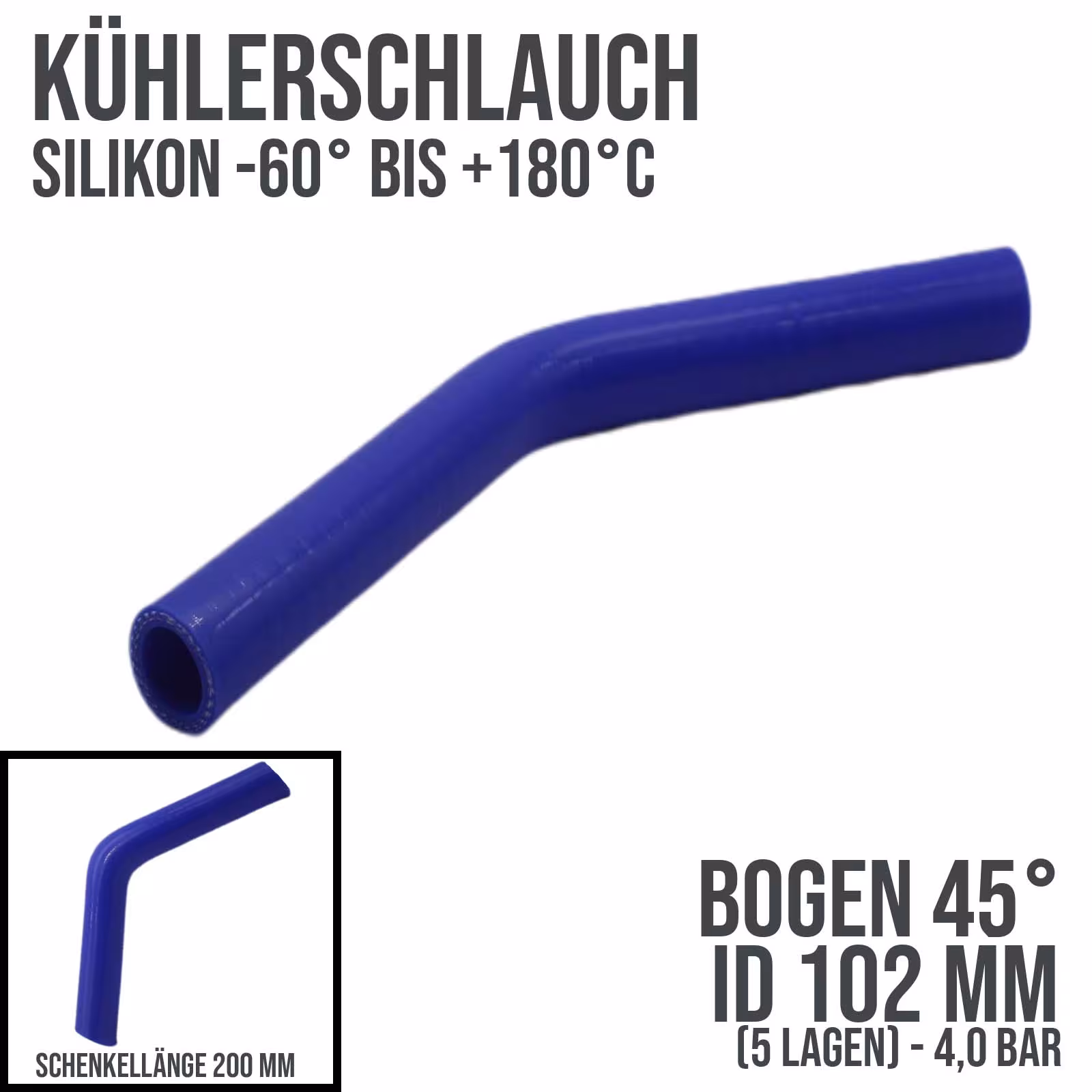 102 x 112 mm Durite de radiateur coude en silicone 45° LLK Durite de liquide de refroidissement d'air de suralimentation bleu (4,0 bar) - 200 mm de la catégorie Tuyaux de liquide de refroidissement avec le numéro d'article KSB102-045-200GA