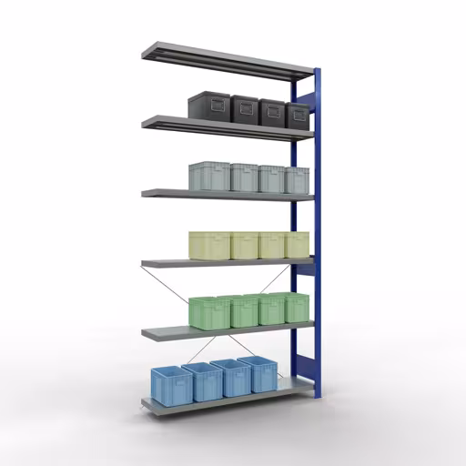 Produktbild Nr 15 des Artikels Anbauregal, Fachbodenregal Stecksystem MULTIplus250, 2500 x 1300 x 300 mm (HxBxT), 6 Fachböden, Kreuzstrebe, RAL 5010 enzianblau/verzinkt Abbildung Nr 15 des Artikels Anbauregal, Fachbodenregal Stecksystem MULTIplus250, 2500 x 1300 x 300 mm (HxBxT), 6 Fachböden, Kreuzstrebe, RAL 5010 enzianblau/verzinkt aus der Produktgruppe Stecksystem von der Marke Schulte Lagertechnik