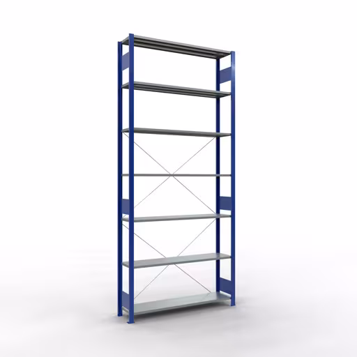 Immagine del prodotto n. 14 dell'articolo scaffale base, sistema a innesto per ripiani MULTIplus150, 3000 x 1300 x 300 mm, 7 ripiani, RAL 5010 blu genziana/zincato della gamma di prodotti per sistemi a innesto della marca Schulte Lagertechnik