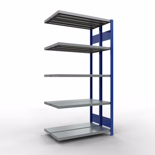 Un'altra vista dell'articolo Scaffale aggiuntivo, scaffale doppio, sistema di scaffali MULTIplus250, 2000 x 1000 x (2x300) mm (AxLxP), 2x5 ripiani, barre longitudinali, RAL 5010 blu genziana dalla categoria scaffali