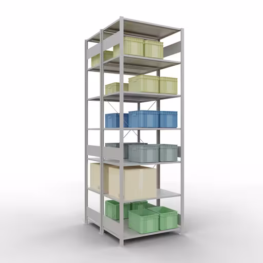 Étagère de base, étagère double, système d'étagères enfichables MULTIplus150, 3000 x 1000 x (2x1200) mm, 2x7 étagères, traverse, RAL 7035 gris clair de Schulte Lagertechnik avec le numéro d'article. 32762