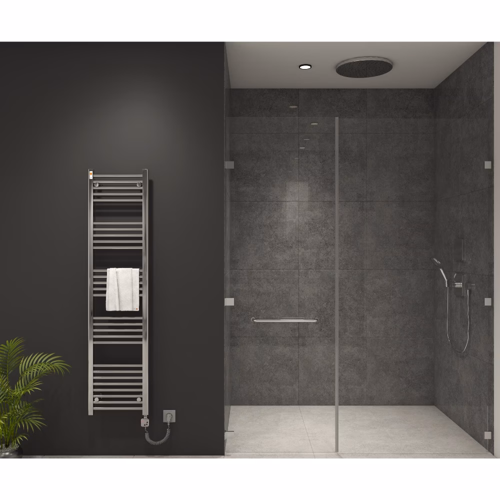 Radiateur de salle de bains électrique MERT, chromé, droit, 400 x 1600 mm avec contrôleur MERT KMX1 et élément chauffant de 400 watts, de la marque Mert Radiateur électrique de salle de bain MERT avec contrôleur KMX1, chromé, de la catégorie Radiateurs électriques, référence E3-60x160+KMX1-400W