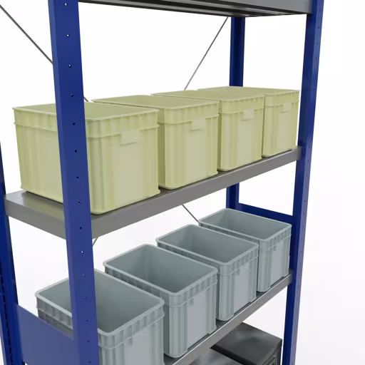 Une autre vue de l'article Etagère Basic, étagère, système enfichable MULTIplus250, 3000 x 1000 x 300 mm, 7 étagères, traverse, RAL 5010 bleu gentiane/galvanisé Une autre vue de l'article Étagère de base, étagère, système enfichable MULTIplus250, 3000 x 1000 x 300 mm, 7 tablettes, traverse, RAL 5010 bleu gentiane/galvanisé de la catégorie système enfichable