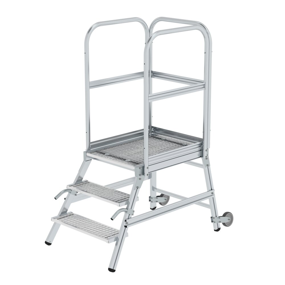 Escalier à plateforme Munk, accessible avec roulettes et poignées, caillebotis en acier, 3 marches, par Günzburger Steigtechnik Escalier à plateforme Munk, de plain-pied, praticable avec roulettes et poignées, caillebotis en acier, de la catégorie « Escaliers à plateforme », référence 058103