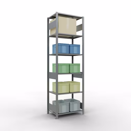 Scaffale base, scaffale, sistema a innesto MULTIplus150, 2500 x 750 x 500 mm (AxLxP), 6 ripiani, barre longitudinali, zincato con GTIN 4004514254658 Scaffale base, scaffale, sistema a innesto MULTIplus150, 2500 x 750 x 500 mm (AxLxP), 6 ripiani, barre longitudinali, zincato di Schulte Lagertechnik con l'articolo n. 12751-75-LR