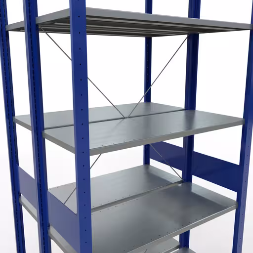Étagère de base, étagère double, système d'étagères MULTIplus150, 3000 x 1000 x (2x800) mm (HxLxP), 2x7 étagères, traverse, RAL 5010 bleu gentiane avec le GTIN 4058255035274 Étagère de base, étagère double, système d'étagères enfichables MULTIplus150, 3000 x 1000 x (2x800) mm, 2x7 étagères, RAL 5010 bleu gentiane de Schulte Lagertechnik avec le réf. 32742-B