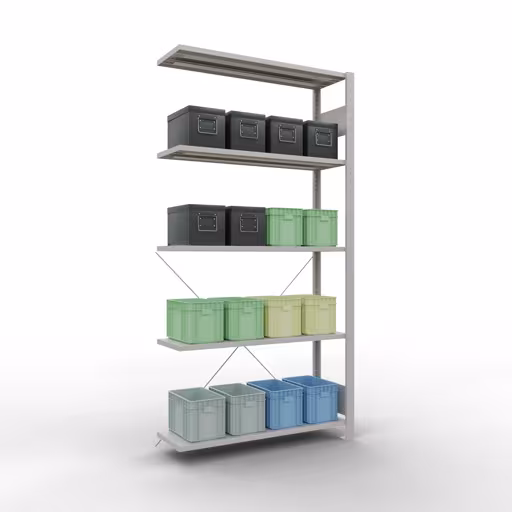 Autre vue de l'article Etagère complémentaire, étagère d'angle (champ C) 2000 x 1000 x 300, 5 étagères, traverse, RAL 7035 gris clair Une autre vue de l'article Étagère complémentaire, étagère d'angle (champ C) 2000 x 1000 x 300, 5 étagères, RAL 7035 gris clair de la catégorie étagères