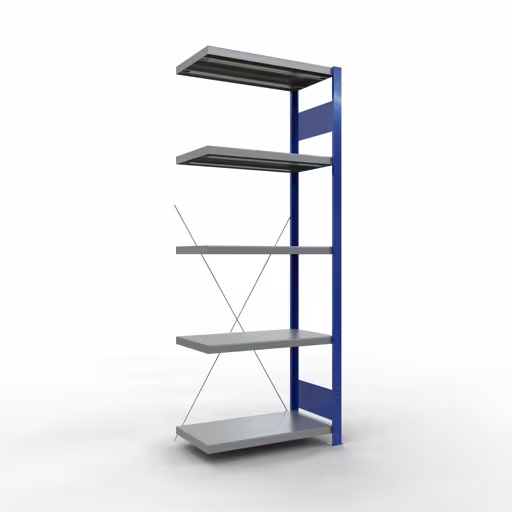 Étagère supplémentaire, étagère, système enfichable MULTIplus250, 2000 x 750 x 400 mm (HxLxP), 5 étagères, traverse, RAL 5010 bleu gentiane/galvanisé/galvanisé, étagère supplémentaire, réf. 12945-75-B