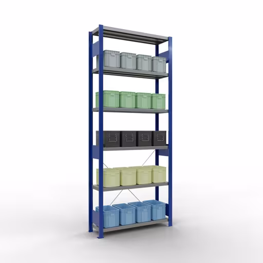 Étagère de base, étagère, système enfichable MULTIplus250, 2500 x 1000 x 300 mm, 6 étagères, traverse, RAL 5010 bleu gentiane/galvanisé avec GTIN 4004514282064 Étagère de base, étagère à étagères, système enfichable MULTIplus250, 2500 x 1000 x 300 mm, 6 étagères, traverse, RAL 5010 bleu gentiane/galvanisé de Schulte Lagertechnik avec le numéro d'article. 12931-B