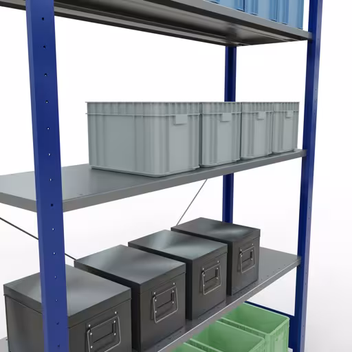 Scaffale base, scaffale, sistema a innesto MULTIplus150, 2000 x 1300 x 400 mm (AxLxP), 5 ripiani, traversa, RAL 5010 blu genziana/zincato con GTIN 4004514243164 Scaffale base, scaffale, sistema a innesto MULTIplus150, 2000 x 1300 x 400 mm (AxLxP), 5 ripiani, traversa, RAL 5010 blu genziana/zincato di Schulte Lagertechnik con l'articolo n. 12740-130-B