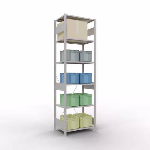Une autre vue de l'article étagère de base, étagère, système enfichable MULTIplus150, 2500 x 750 x 500 mm, 6 étagères, traverse, RAL 7035 gris clair de la catégorie système enfichable
