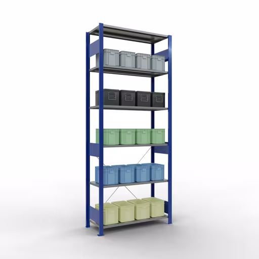 Étagère de base, étagère, système enfichable MULTIplus150, 2500 x 1000 x 400 mm (HxLxP), 6 étagères, traverse, RAL 5010/galvanisé avec le GTIN 4004514208835 Étagère de base, étagère, système enfichable MULTIplus150, 2500 x 1000 x 400 mm, 6 étagères, RAL 5010/galvanisé de Schulte Lagertechnik avec le numéro d'article. 12641-B