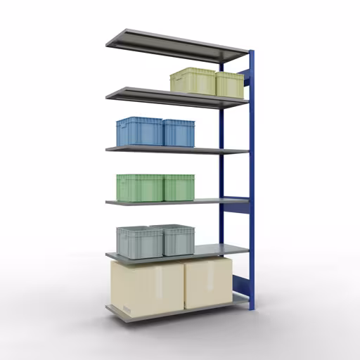 Rayonnage supplémentaire, étagère MULTIplus150, système enfichable, 2500 x 1300 x 500 mm (HxLxP), 6 tablettes, barres de longueur, RAL 5010 bleu gentiane/galvanisé avec le GTIN 4004514280701 Rayonnage supplémentaire, rayonnage à étagères, système enfichable MULTIplus150, 2500 x 1300 x 500 mm, 6 étagères, RAL 5010 bleu gentiane/galvanisé de Schulte Lagertechnik avec le réf. 12756-130-LR-B