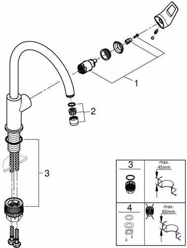 Technische Zeichnung 4079542 Miscelatore monocomando GROHE per lavello BauLoop 31368 bocca alta cromo