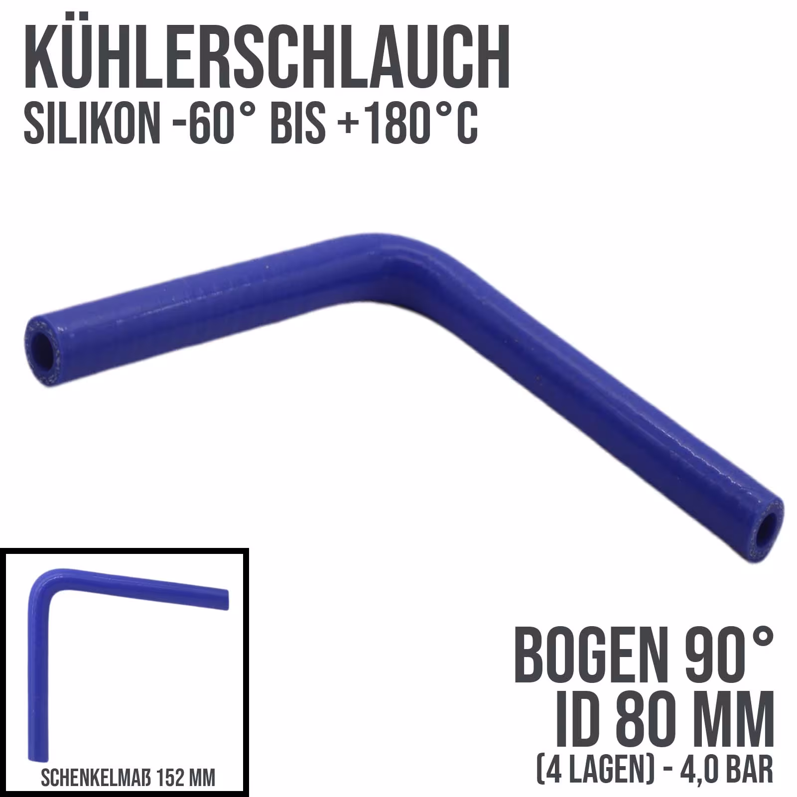 80 x 90 mm Durite de radiateur coude en silicone 90° LLK Tuyau de liquide de refroidissement d'air de suralimentation universel bleu (4,0 bar) - 152 mm, durites d'eau de refroidissement, réf. KSB080-090-152GA
