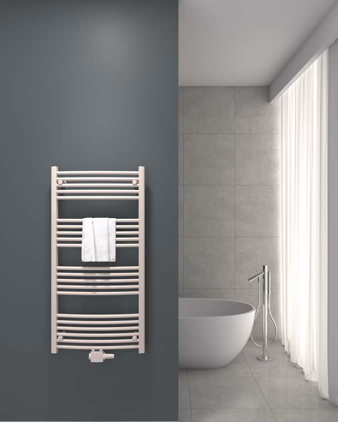 Radiatore da bagno MERT curvo bianco, attacco centrale, radiatore da bagno, articolo n. 2-60x120-M