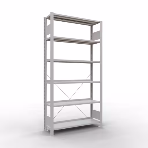 Étagère de base, étagère de bureau, système enfichable MULTIplus85, 2000 x 1000 x 300 mm (HxLxP), 6 tablettes, traverse, avec baguette de butée, gris clair, système enfichable, réf. 36007