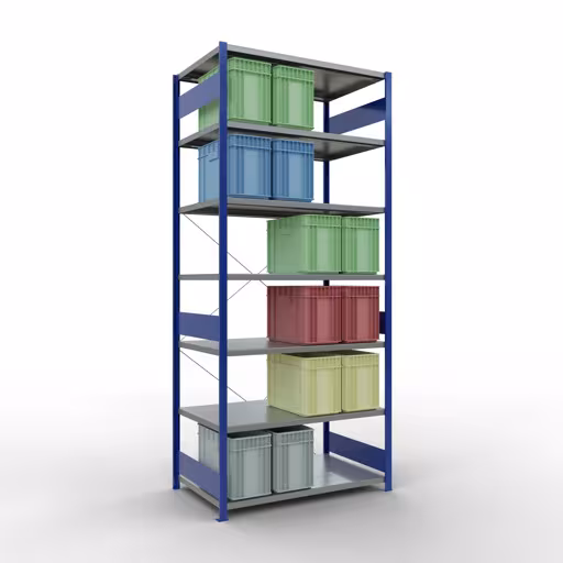 Figure n° 15 de l'article étagère de base, système d'étagères enfichables MULTIplus250, 3000 x 1300 x 800 mm, 7 étagères, RAL 5010 bleu gentiane/galvanisé du groupe de produits système enfichable de la marque Schulte Lagertechnik