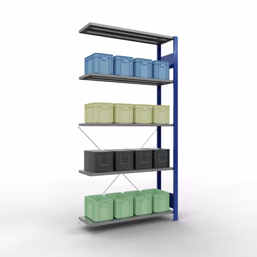 Une autre vue de l'article Rayonnage complémentaire, rayonnage à étagères, système enfichable MULTIplus150, 2000 x 1000 x 300 mm (HxLxP), 5 étagères, traverse, RAL 5010/galvanisé Une autre vue de l'article Étagère rapportée, étagère, système enfichable MULTIplus150, 2000 x 1000 x 300 mm, 5 étagères, RAL 5010/galvanisé de la catégorie système enfichable