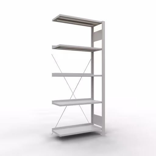 Scaffale aggiuntivo, scaffale per ufficio, sistema a innesto MULTIplus85, 1800 x 750 x 300 mm (AxLxP), 5 ripiani, traversa, con barra di arresto, grigio chiaro di Schulte Lagertechnik Scaffale componibile, scaffale per ufficio, sistema a innesto MULTIplus85, 1800 x 750 x 300 mm (AxLxP), 5 ripiani, traversa, con listello di arresto, grigio chiaro, sistema a innesto, articolo n. 36003