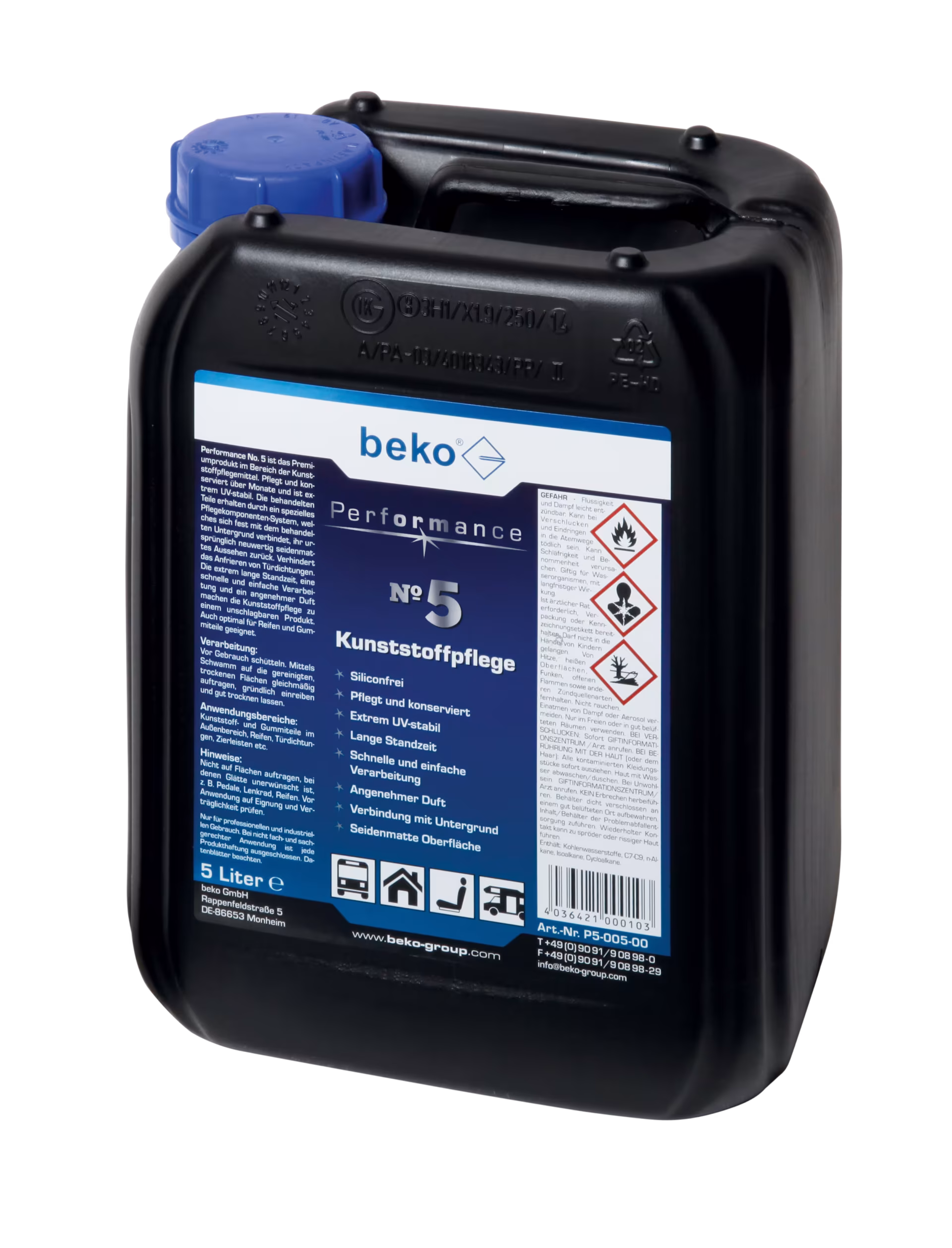 Numéro de performance. 5 bidons d'entretien en plastique de 5 l de la catégorie des produits d'entretien pour véhicules avec le réf. P5-005-00