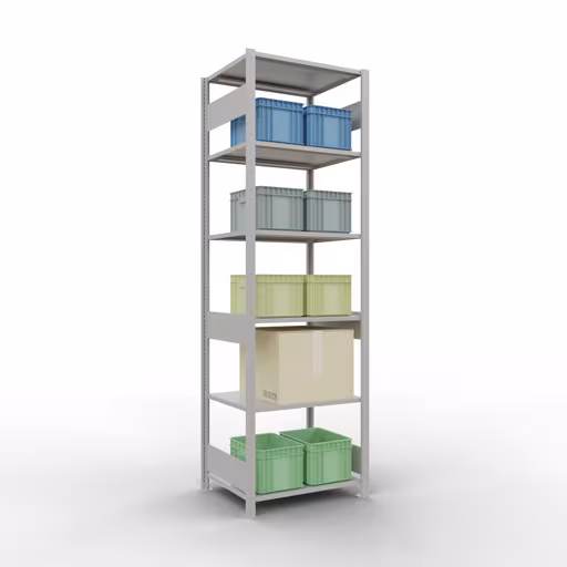 Scaffale base, scaffale, sistema a innesto MULTIplus150, 2500 x 750 x 600 mm (AxLxP), 6 ripiani, barre longitudinali, RAL 7035 grigio chiaro della marca Schulte Lagertechnik della gamma sistemi a innesto