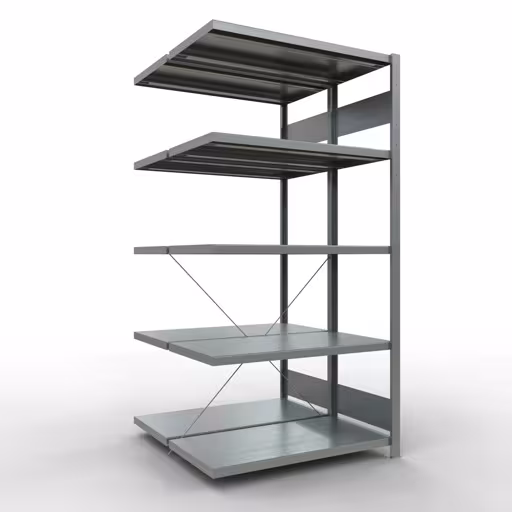 Un'altra vista dell'articolo Scaffale aggiuntivo, scaffale doppio, sistema di scaffali MULTIplus250, 2000 x 1000 x (2x500) mm (AxLxP), 2x5 ripiani, traversa, zincato dalla categoria Scaffali