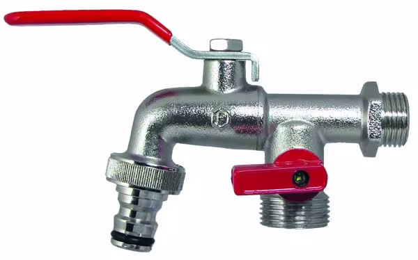 Doppelkugelhahn 1/2 Zoll für den Wandanschluss für die Versorgung mit Kalt- oder Warmwasser in Haus und Garten ohne Verwendung als Trinkwasser aus der Kategorie Kugelhähne & Absperrventile mit der Artikelnummer 53076-S