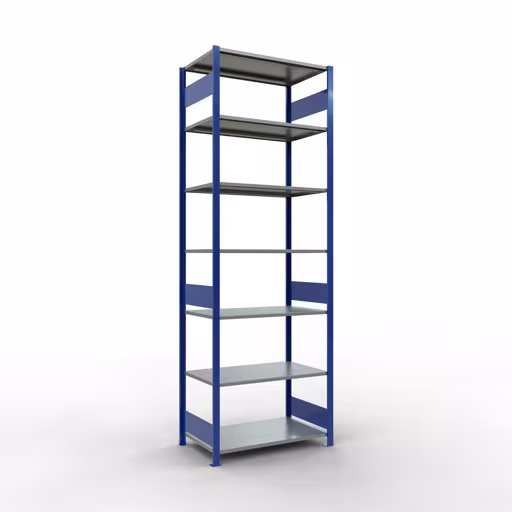 Étagère de base, étagère, système enfichable MULTIplus85, 3000 x 1000 x 600 mm (HxLxP), 7 étagères, barres de longueur, RAL 5010 bleu gentiane, étagère de base, réf. 13162-LR-B