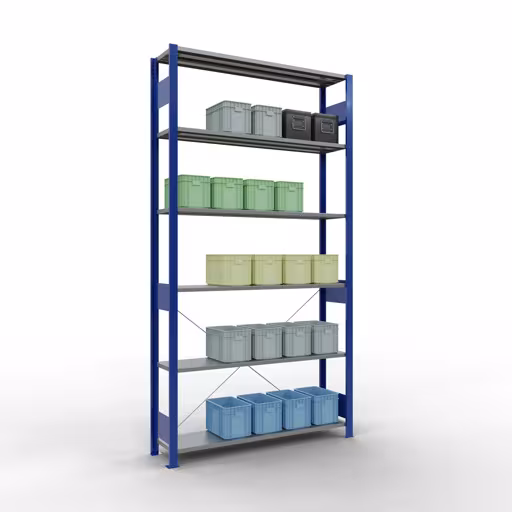 Représentation supplémentaire de l'article étagère de base, étagère, système enfichable MULTIplus150, 2500 x 1300 x 300 mm, 6 étagères, traverse, RAL 5010 bleu gentiane/galvanisé à partir de l'étagère de base