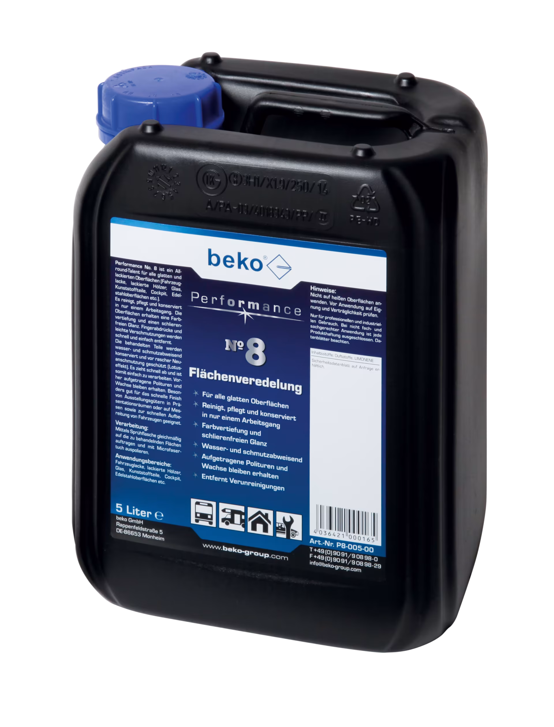 Numéro de performance. 8 bidons de 5 l pour le traitement des surfaces de la catégorie des produits d'entretien des véhicules avec le réf. P8-005-00