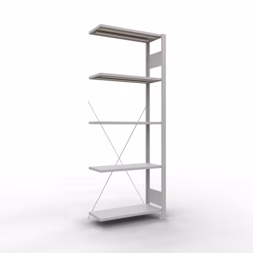 Une autre vue de l'article Tablette rapportée, étagère, système enfichable MULTIplus150, 2000 x 750 x 300 mm, 5 tablettes, traverse, RAL 7035 gris clair de la catégorie système enfichable